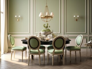 Modern concept interior of dining room with beige chairs and pastel green natural light shines through windows. Generative AI