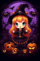 cute cartoon, cute halloween cartoon on halloween, happy halloween cartoon character, halloween greeting card, anime cartoon character