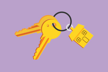 Cartoon flat style drawing keychain with key ring, two keys and pendant house locket. Stylized key chain with house with locket logo, icon, template, label, symbol. Graphic design vector illustration