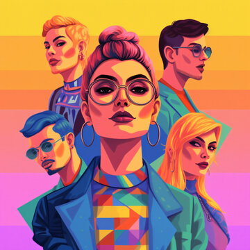  illustrations highlighting LGBTQ+ individuals expressing their true selves through fashion, showcasing unique styles and celebrating individuality with a colorful and bold art style