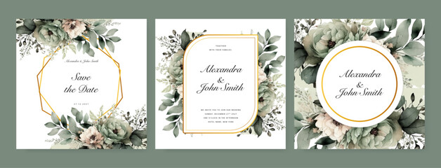White green rose floral flower vector flower wedding invitation template with aesthetic border watercolor