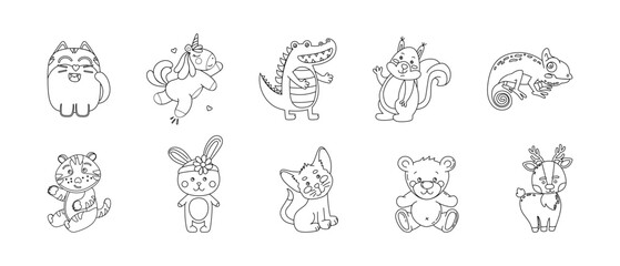Animals Cute Funny Set of Drawings Vector black and white illustration Isolated on a white background
