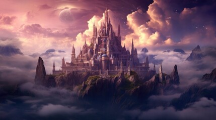 Fototapeta premium A big fantasy castle in the mountain, a hill and a sunset in the background, inspire the idea of a large fort among mountains. Generative AI