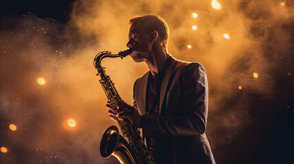 Fototapeta na wymiar Saxophonist playing at a concert. Generative AI
