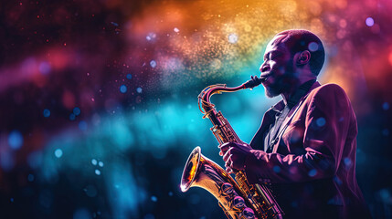 Fototapeta na wymiar Saxophone player on stage with lights. Jazz music background. Generative AI