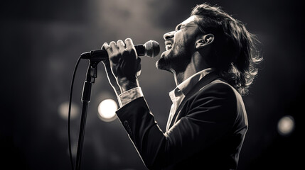 Close up of a singer with a microphone. Black and white photography. Generative AI