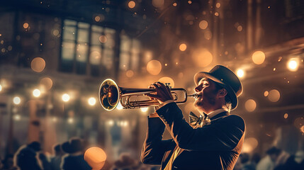 Trumpet player. Jazz musician background. Generative AI - obrazy, fototapety, plakaty
