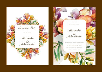 Colorfull orchid floral flower beautiful hand drawn wedding invitation card watercolor