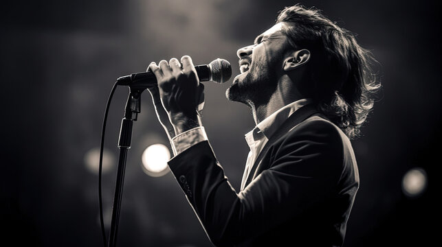 Close up of a singer with a microphone. Black and white photography. Generative AI
