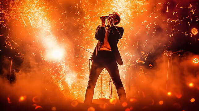 A singer on stage with fire in the background. Concert photography. Generative AI