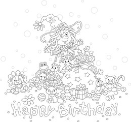 Happy birthday card with a Little Fairy and a bag of holiday gifts, sweets and funny toys for a merry and noisy holiday, vector cartoon illustration isolated on a white background