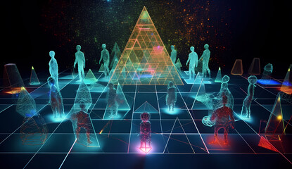 Neon silhouettes of people and pyramids
