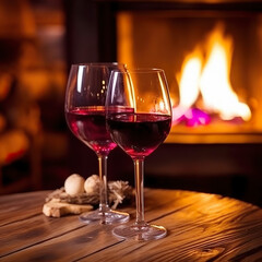Red wine sitting on a wooden table in front of a cozy fireplace