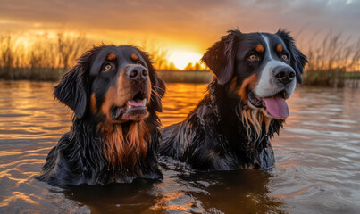 Two pet Bernese Mountain dogs enjoying a peaceful moment together, sitting in water at sunset, out in nature.