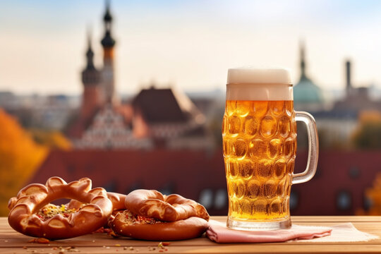 Beer and salted pretzels on wooden background created with generative ai tools