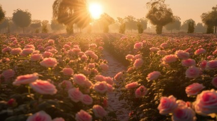 Pink rose field in sunset light, in the style of sun rays shining upon a field of roses. Generative AI