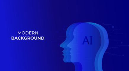 Modern background metaphor of artificial intelligence, modern technologies, robots, man with technical elements in his head. Concept of technology and engineering