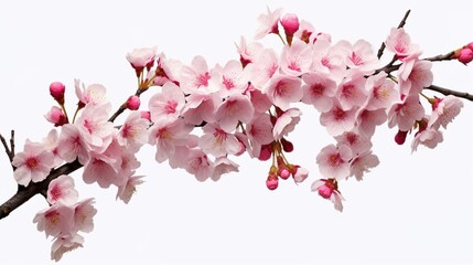 Abstract background with cherry blossom branch in full bloom with buds isolated on white backdrop. Delicate softness japanese sakura flowers. Horizontal illustration for banner design. Generative AI.