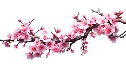 Abstract background with cherry blossom branch with buds isolated on white backdrop. Delicate japanese sakura with pink flowers and buds. Horizontal illustration for banner design. Generative AI.