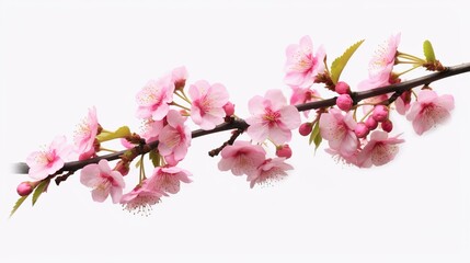 Obraz na płótnie Canvas Abstract background with cherry blossom branch with green leaves. Springtime pink flowers sakura. Delicate blooming tree twig with buds. Horizontal illustration for banner design. Generative AI.