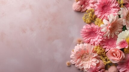 Abstract background with pink flowers border flat lay with marble space for text. Dahlias, roses and chrysanthemum with gold elements frame. Horizontal illustration for banner design. Generative AI.