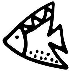 Hand Drawn Black and White Fish Icon Isolated on White Background. Simple Fish Illustration for Kid Coloring Book. Sea Food Illustration Symbol. Farm Element for Coloring Page.