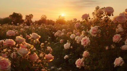 Pink rose field in sunset light, in the style of sun rays shining upon a field of roses. Generative AI