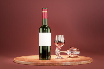 Glass bottle of red wine with blank white label on red background. Mockup template. bottle, two...