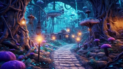 Fabulous neon forest with beautiful unusual houses for gnomes and a forest path, fantasy, children's dreams