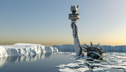Global climate change. Statue of liberty frozen in ice. Statue Of Liberty Rising Sea Levels. Global warming and enviroment concept. 3d illustration