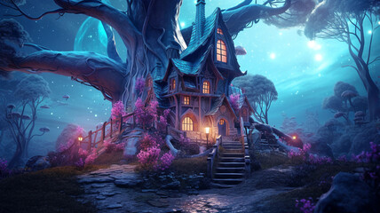 Fabulous neon forest with beautiful unusual houses for gnomes and a forest path, fantasy, children's dreams