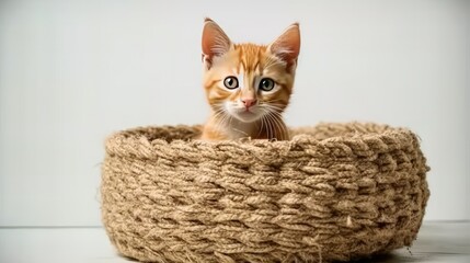 Fototapeta na wymiar Cute funny baby kitten sitting in wicker bowl