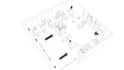 office space, interior visualization, sketch, outline illustration, cg render