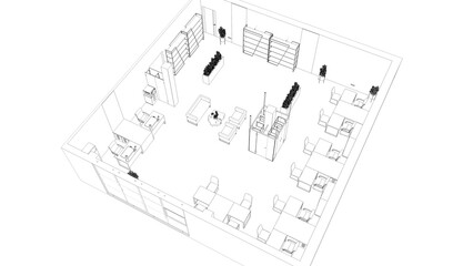 office space, interior visualization, sketch, outline illustration, cg render