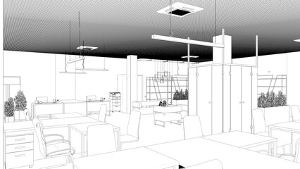 office space, interior visualization, sketch, outline illustration, cg render