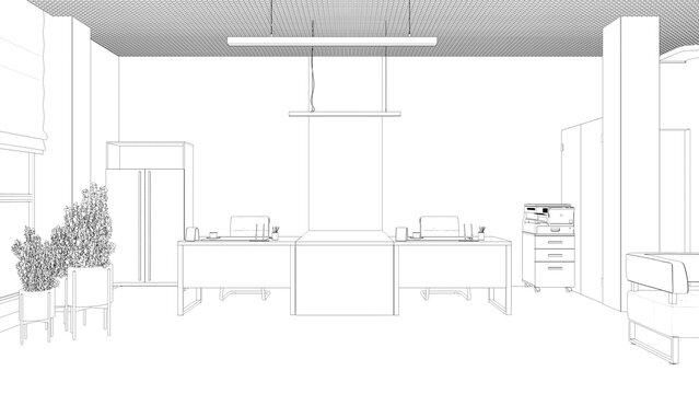 office space, interior visualization, sketch, outline illustration, cg render