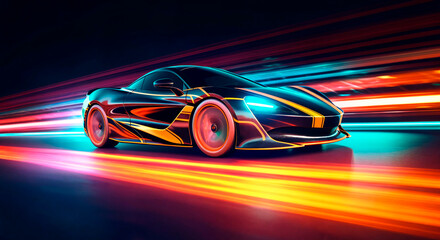 Futuristic fantasy car on highway. AI Generative