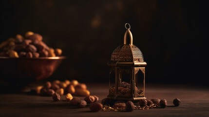 Muslim lantern lamp and candles on dark background