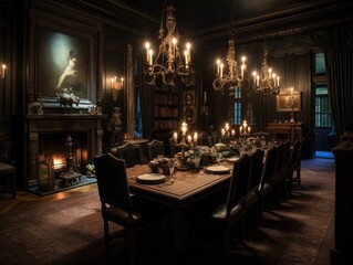 Fototapeta na wymiar Wide-angle view of a dining room with furniture, a table and a French cabinet, candlelight illuminates the room. Generative AI