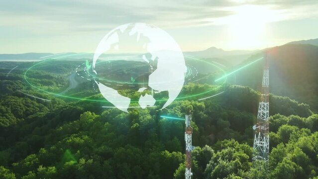 5G telecom tower in green forest with planet earth animation for environmental sustainable development. Aerial view at sunset drone above telecommunication base station