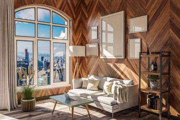 luxurious loft apartment with arched window and panoramic view over urban downtown; noble interior living room design mock up; 3D Illustration