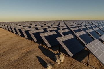 solar panel plant farm standing in desert environment; renewable unlimited green energy concept; 3D Illustration