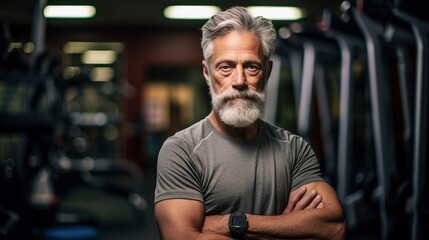 Fototapeta na wymiar Generative ai senior male with grey hair keeping fit by working out in a gym. 