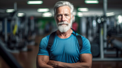 Generative ai senior male with grey hair keeping fit by working out in a gym. 