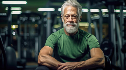 Generative ai senior male with grey hair keeping fit by working out in a gym. 