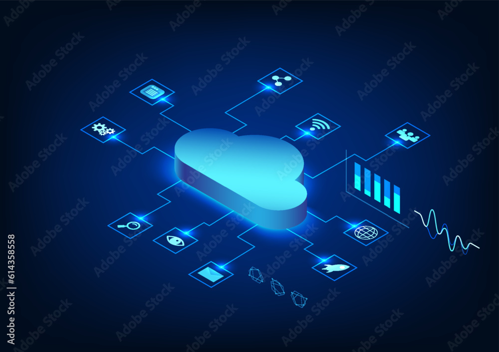 Poster isometric smart technology, a circuit connected to cloud technology that sends data over a secure in