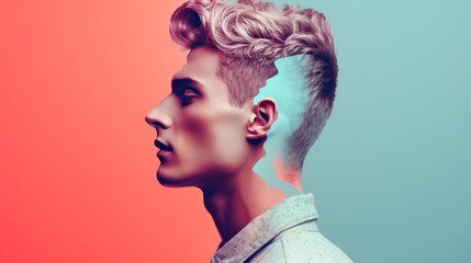 Male beauty portrait divided on pastel background. Modern design, contemporary art collage. Inspiration, idea, trendy urban magazine style.