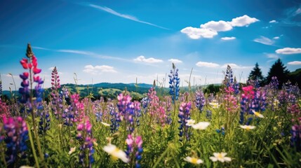 A landscape field of colorful wildflowers in natural light, a mountain and a clear blue sky in the background. Generative AI