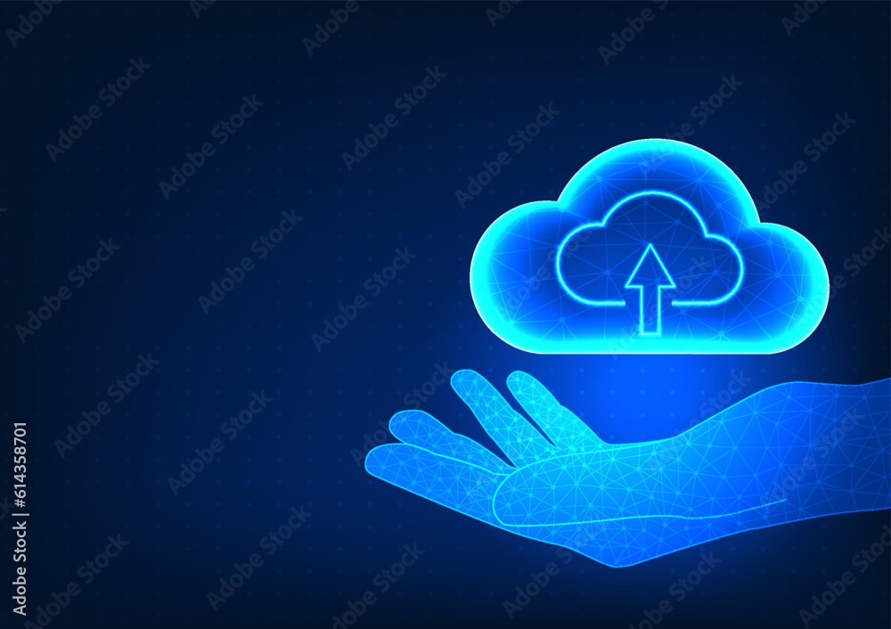 Poster businessman hand holding cloud technology conveys about storing important data within the storage by