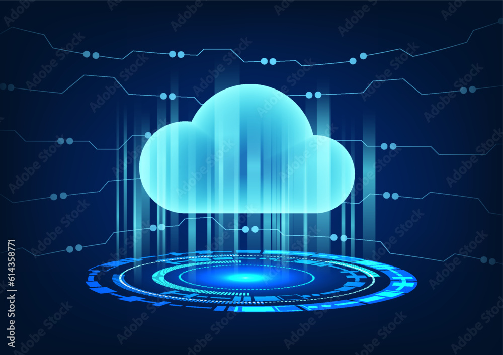 Poster hologram technology shows the cloud technology behind the circuit board. along with the technology c